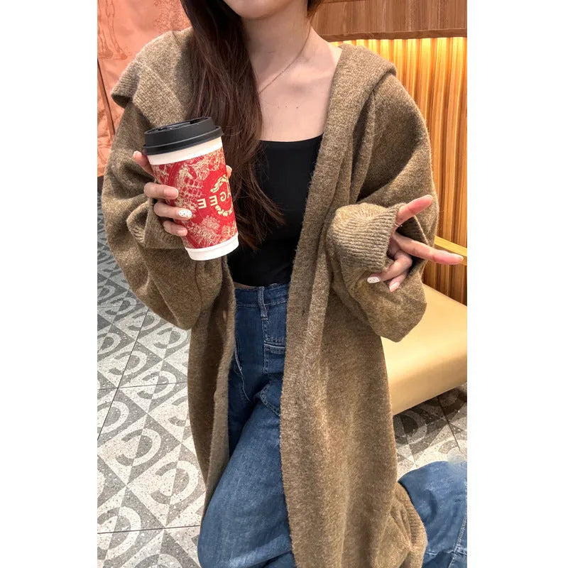 Long grey hooded knitted cardigan for women in casual Korean style