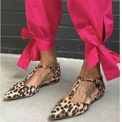 Women's leopard print pointed toe pumps with chunky low heel and cross ankle straps
