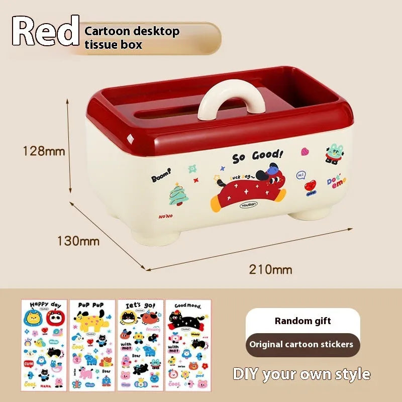Cartoon-style plastic desktop organiser with grid compartments and red or brown stickers.