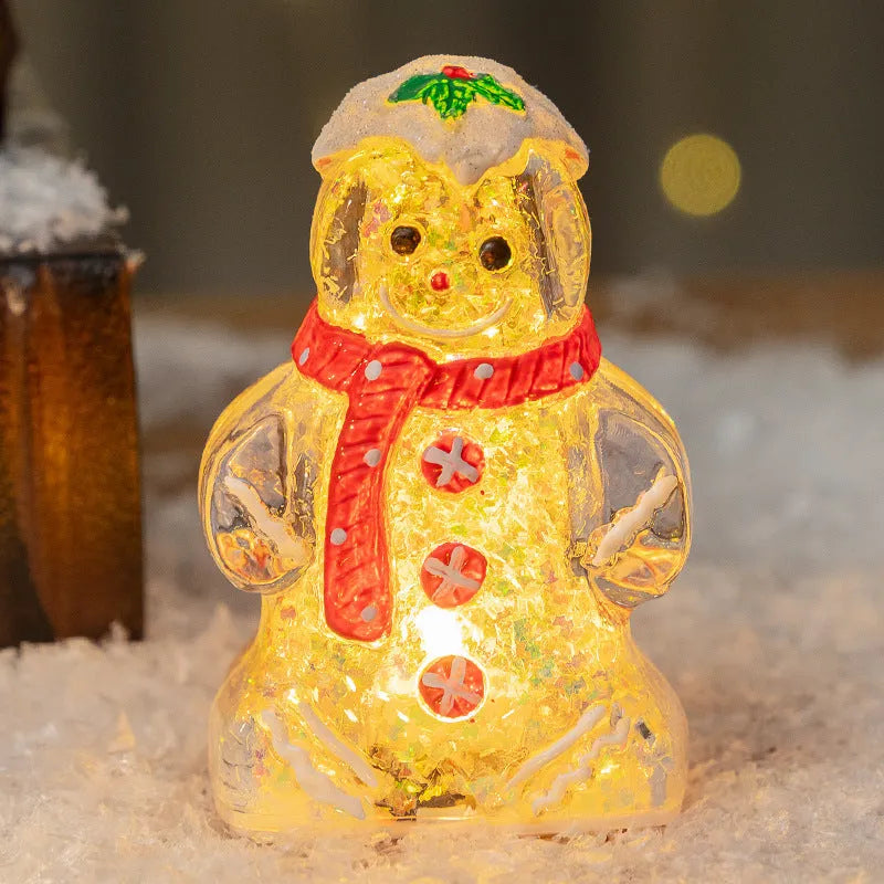 Glowing plastic gingerbread man Christmas ornament with LED light and scarf, in four colour variations.