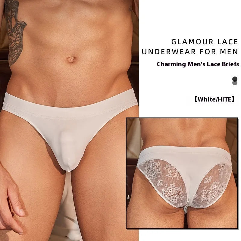 Men's black and white shark skin lace briefs underwear showing texture detail