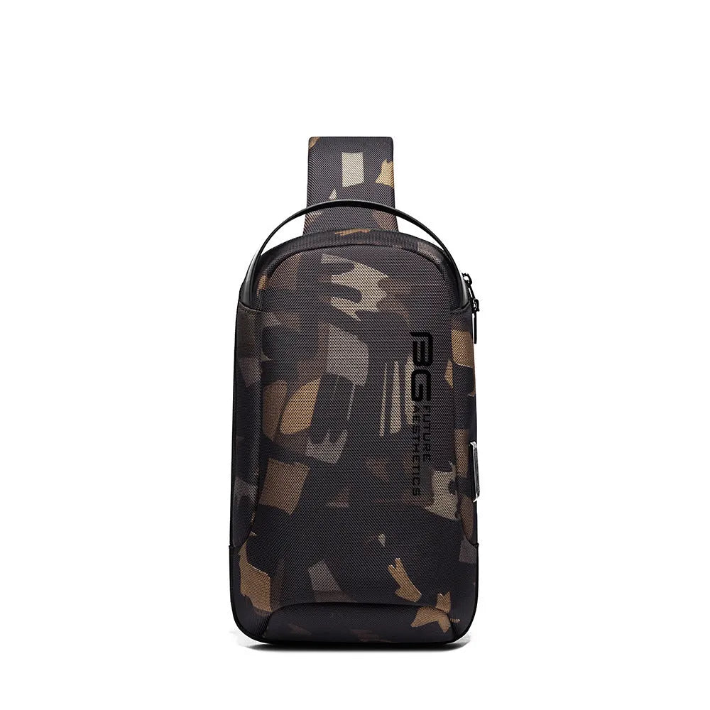 Men's blue Oxford cloth shoulder bag with a USB charging port on the front.