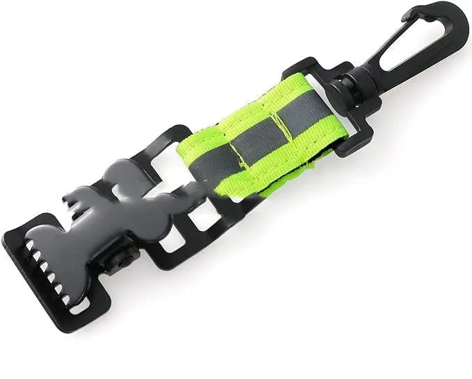 Fluorescent green universal safety clip with a metal buckle for fireman gloves and industrial equipment.