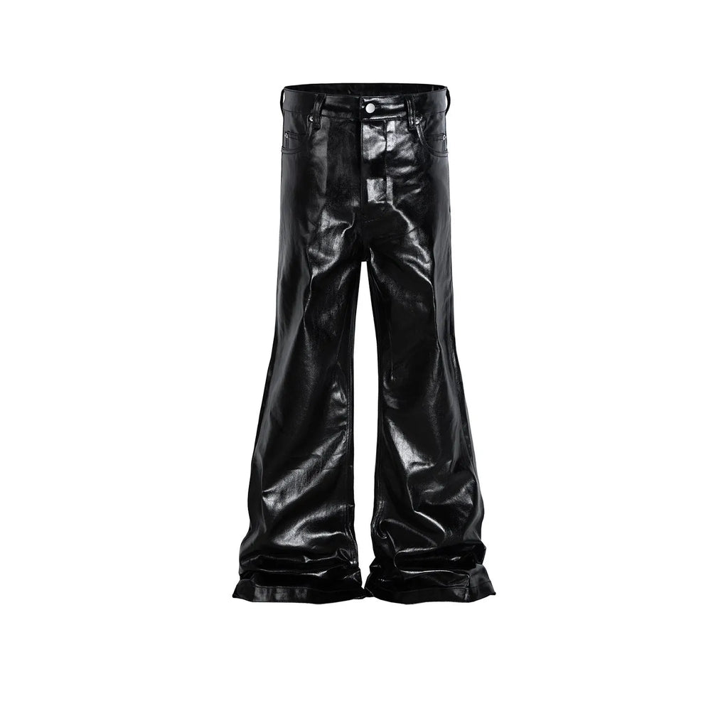 Black skinny jeans with shiny patent leather coating and straight-leg cut