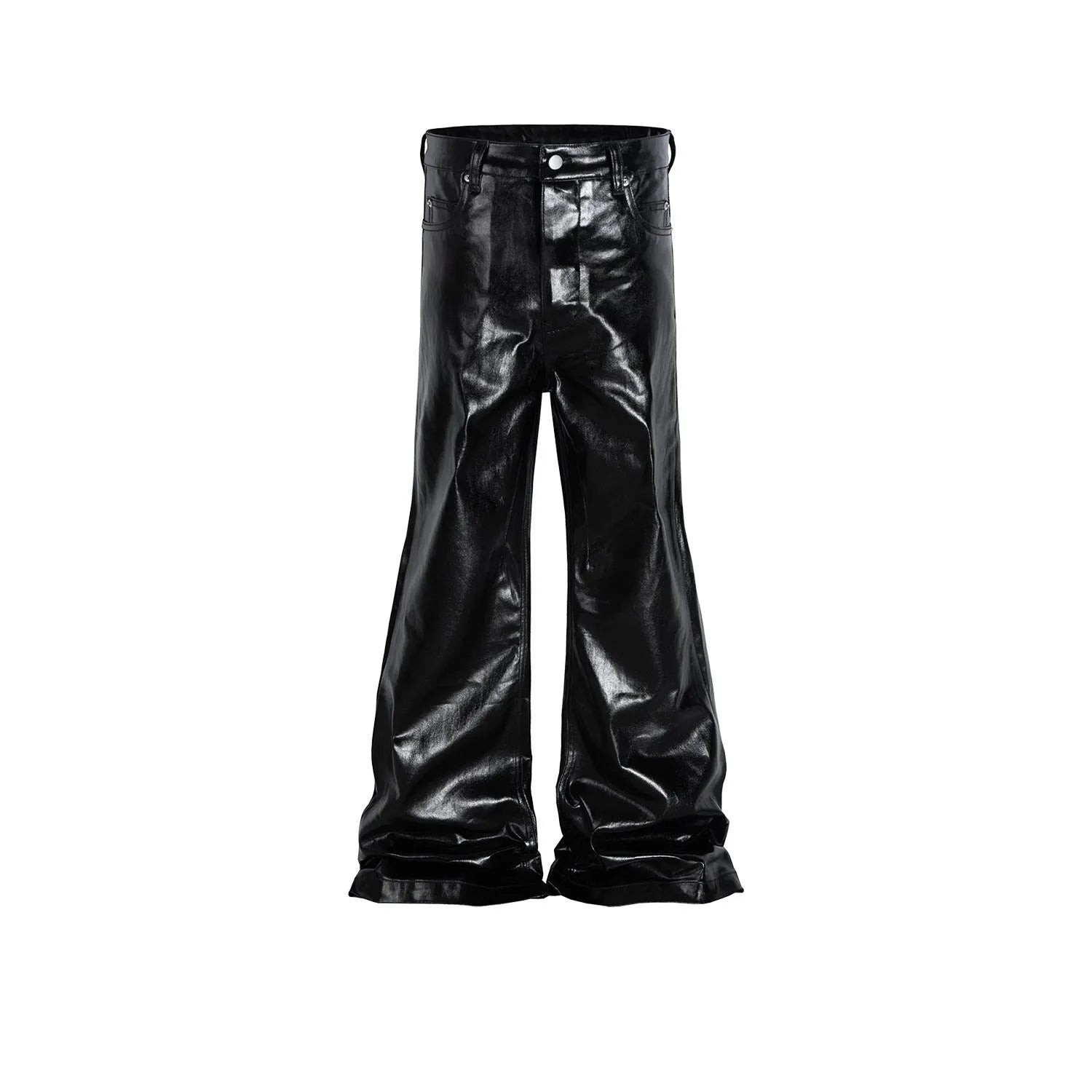 Black skinny jeans with shiny patent leather coating and straight-leg cut