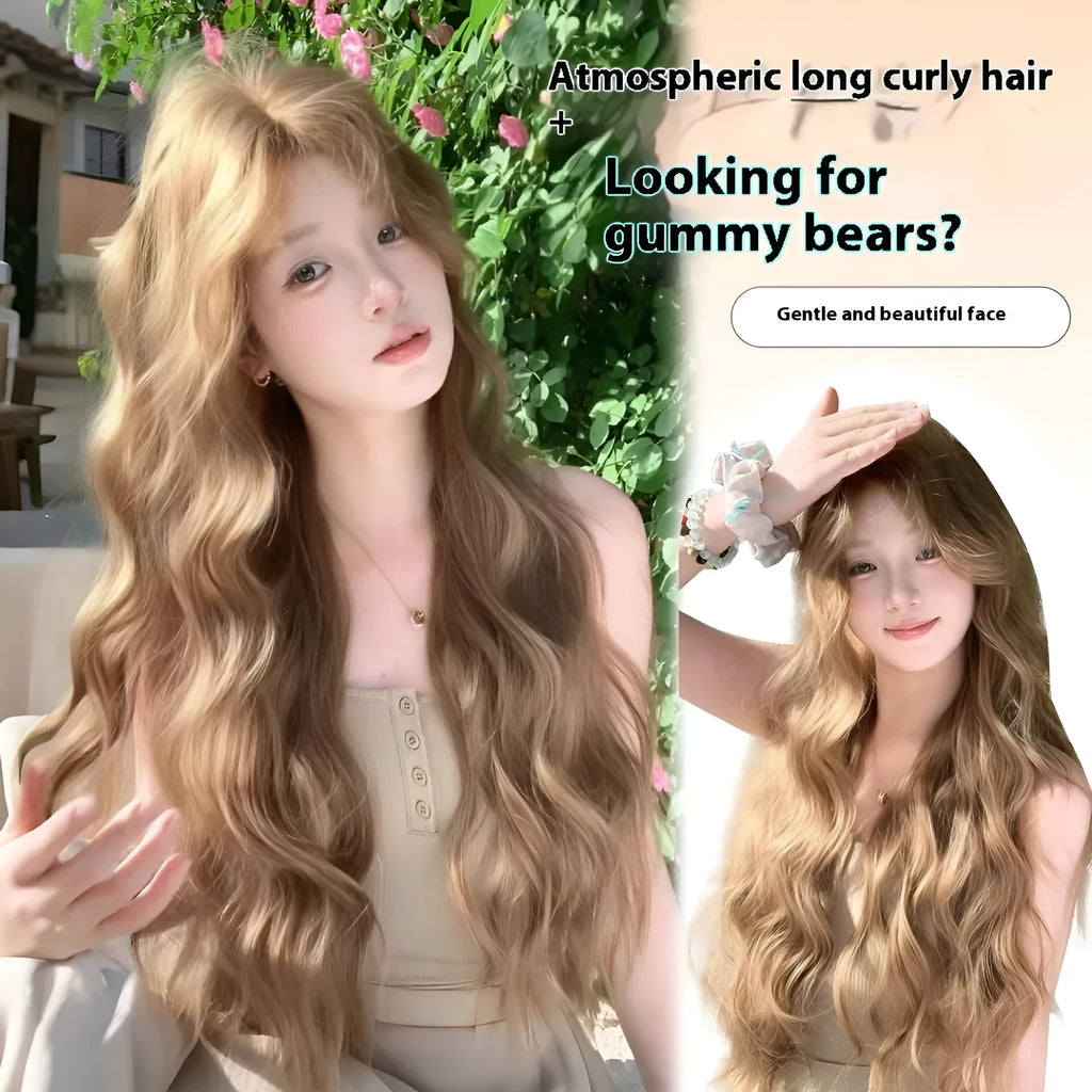 Linen brown synthetic wig with medium long curly hairstyle and hair net