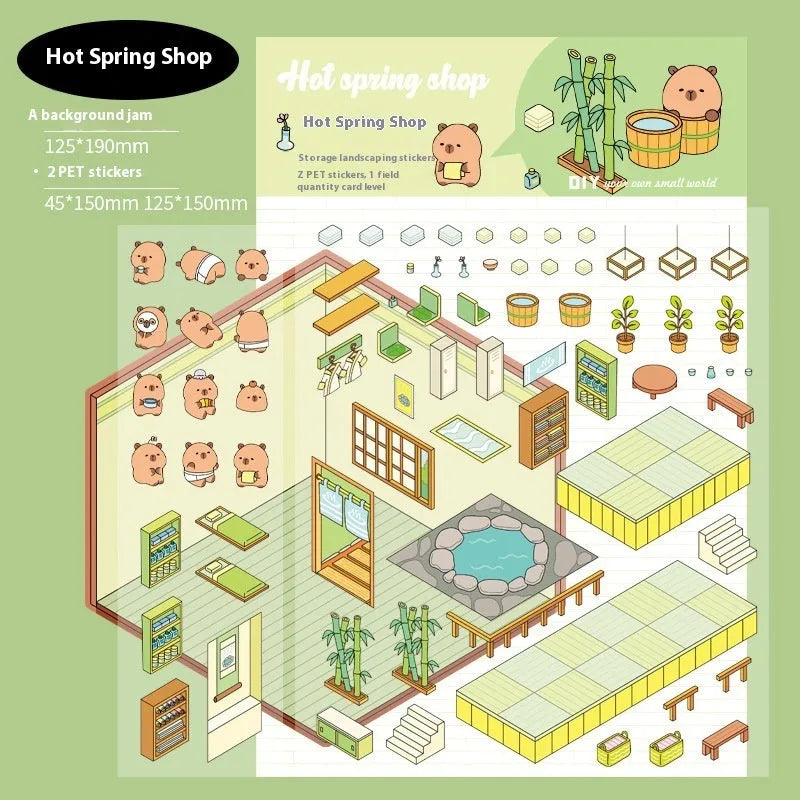 Set of eight colourful Capabala 3D business-themed cartoon stickers including bakery and bookstore designs.