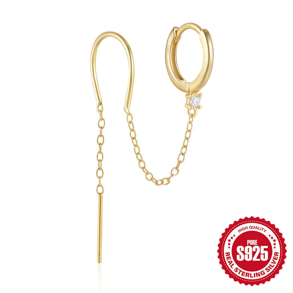 S925 sterling silver geometric stud earrings with diamond flower, tassel, and chain design in gold electroplated finish.