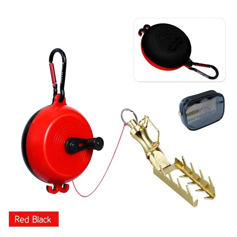 Fishing bait lifter with 7.5cm wheel, 30m PE braided line and stainless steel components in blue grey