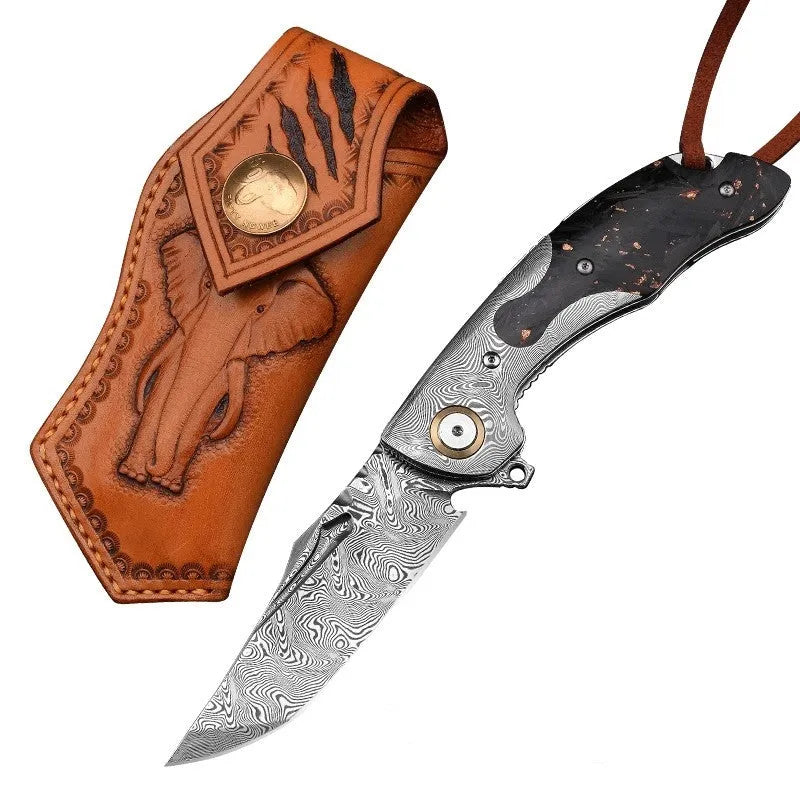 Outdoor camping survival folding knife with high hardness pattern steel blade and knife stab function