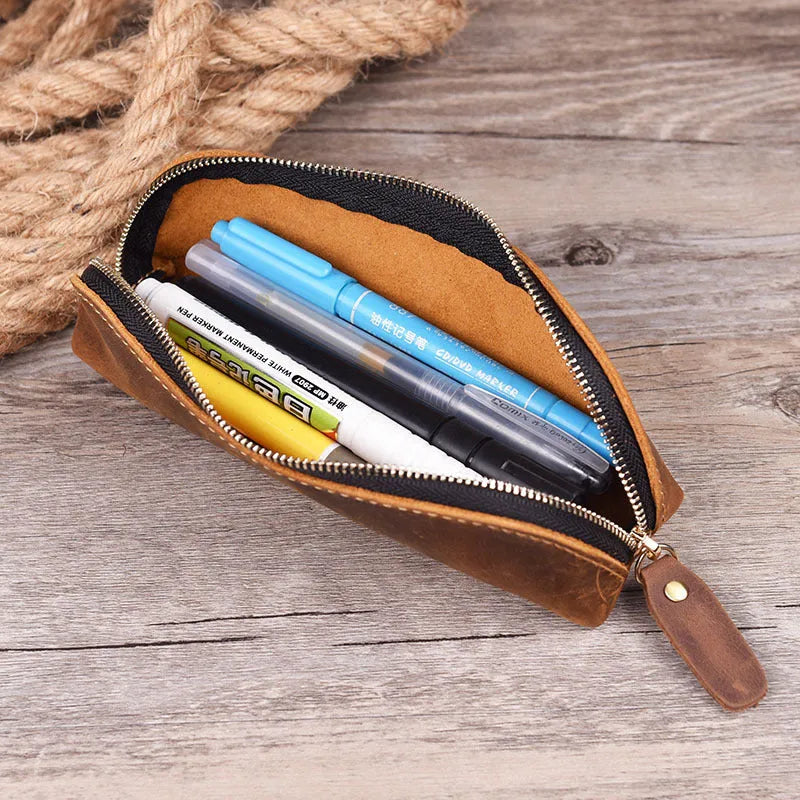 Handmade square leather pencil case with zipper closure measuring 18cm long in black cowhide