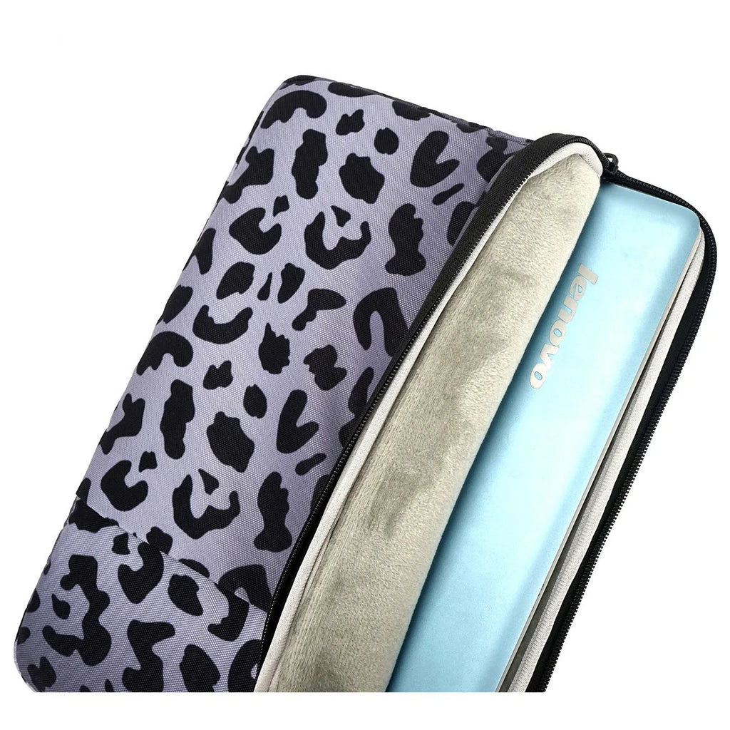 Leopard print laptop sleeve with flannel lining for 13-inch and 15.6-inch devices