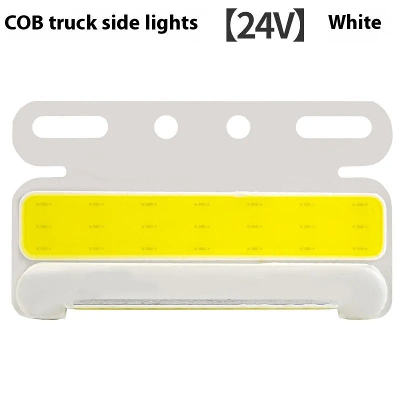 Waterproof aluminium alloy COB LED side light for 12v and 24v trucks in red, yellow, green, blue, or white.