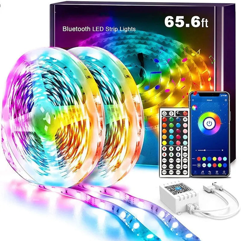 LED 5050 RGB light strip with Bluetooth remote, showing colour-changing effects and epoxy-coated IP65 waterproof option.