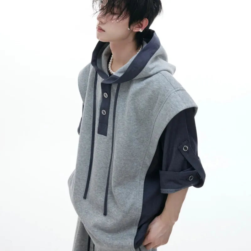 Men's black hooded short sleeve jacket and trousers leisure suit with three-dimensional stitching