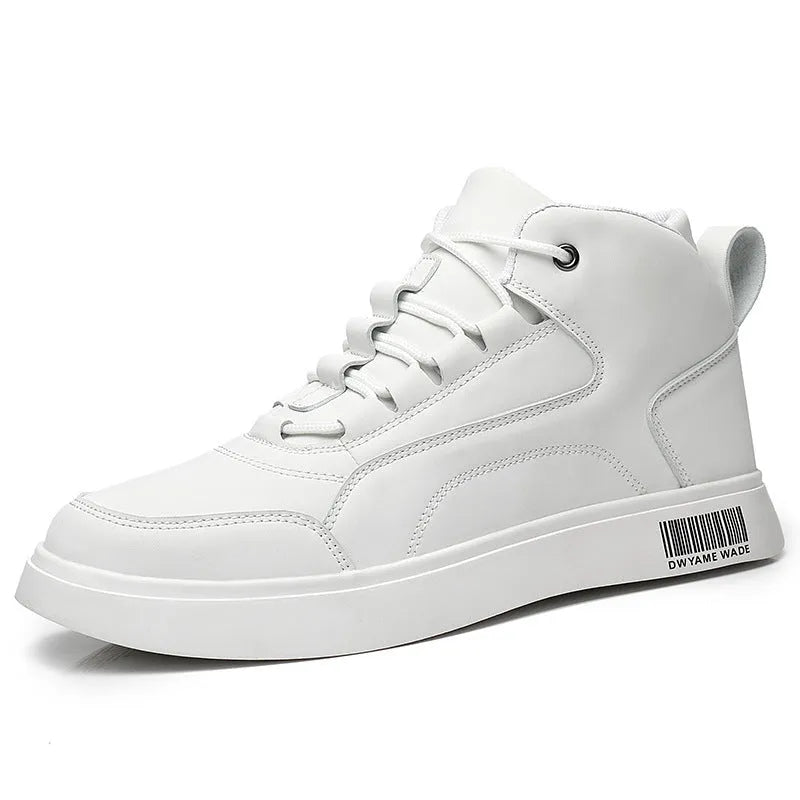 Men's white mid-top casual board shoes with round toe and lace-up design