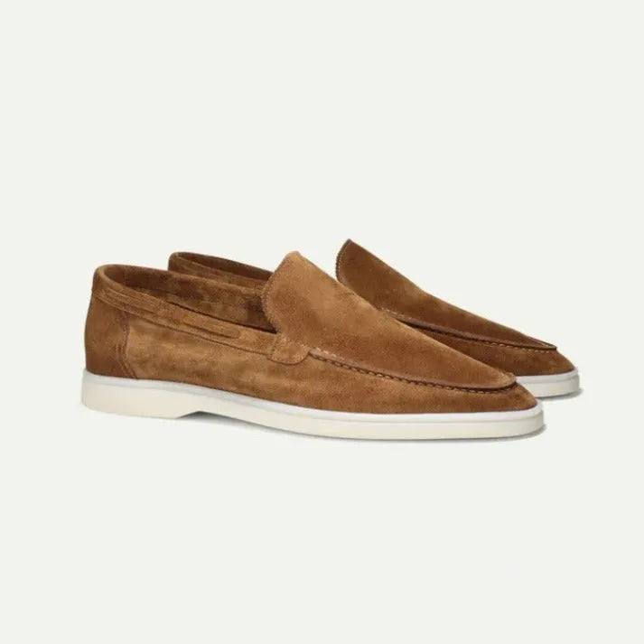 Men's matte suede flat shoes in sky blue with rubber sole and round toe