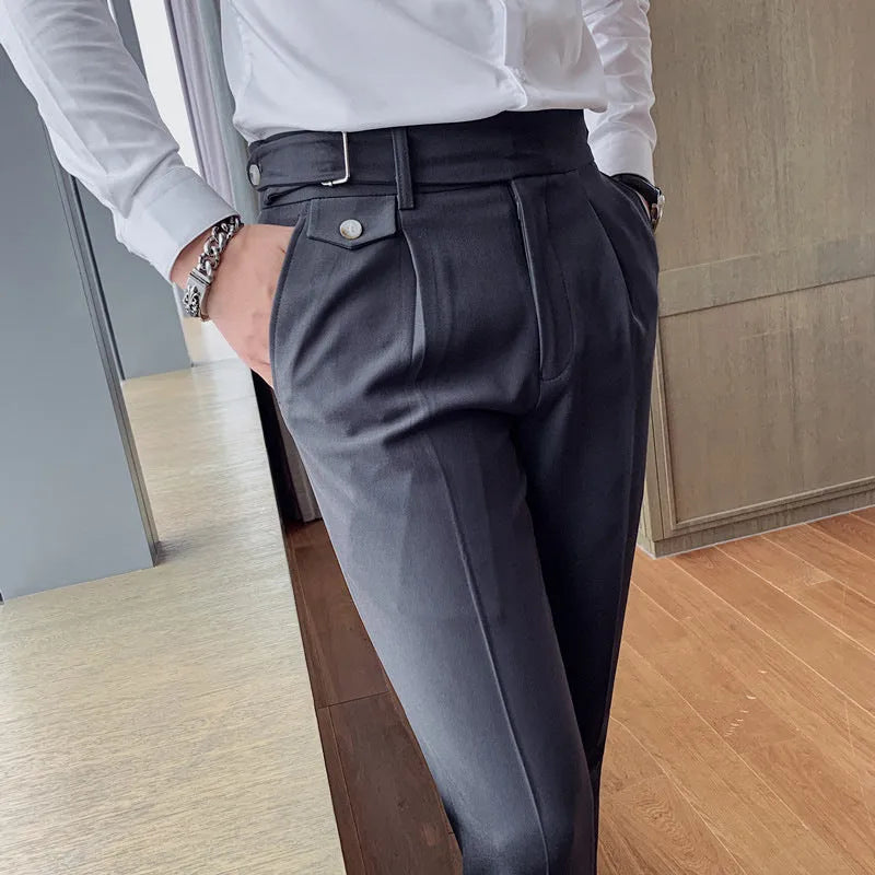 Men's straight-leg casual trousers in a solid colour, laid flat to show the fit and detailing.
