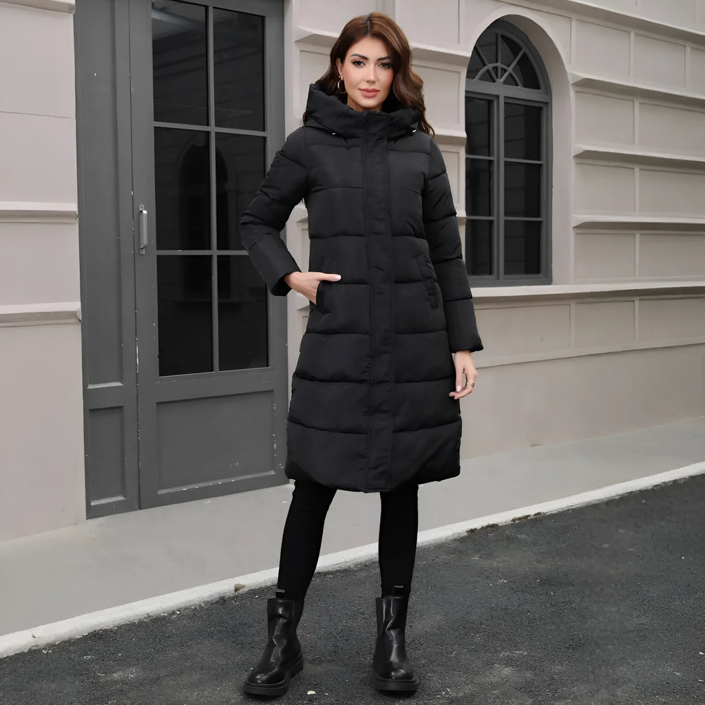 Black hooded slim fit cotton jacket with cold-resistant thickened construction and regular long sleeves