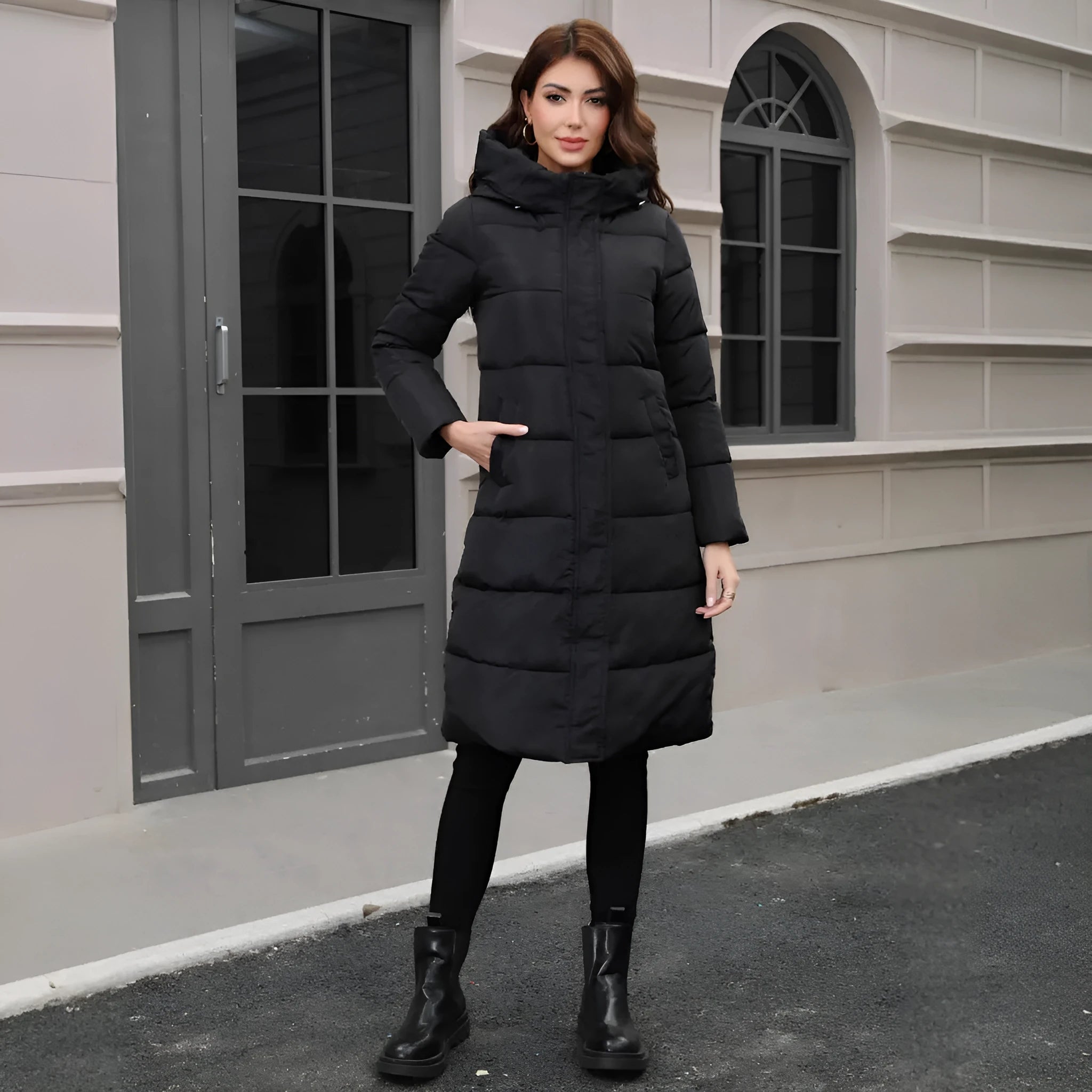 Black hooded slim fit cotton jacket with cold-resistant thickened construction and regular long sleeves