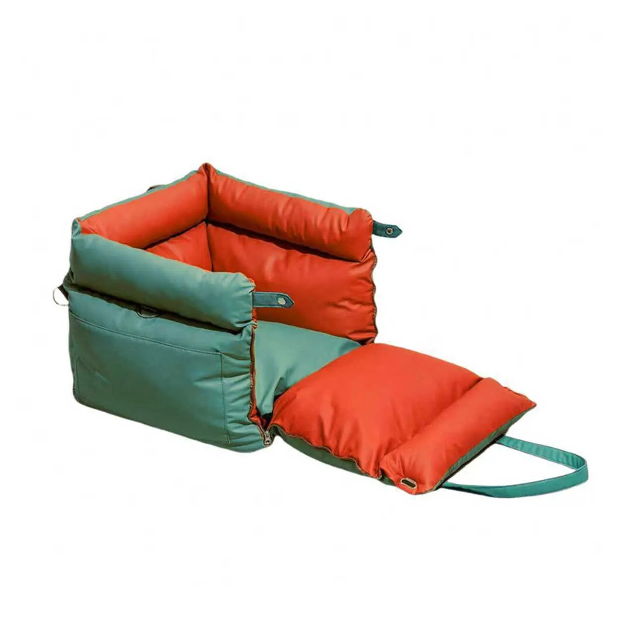 Green waterproof dog car nest bed with sides, showing removable design for washing, placed in a car boot.