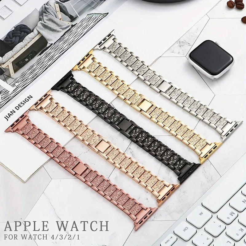 Metal diamond-encrusted watch band in rose gold colour, adjustable bracelet style for women