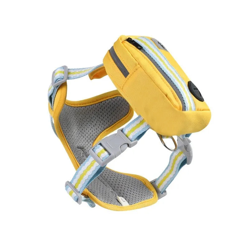 Pink explosion-proof anti-strangulation dog harness with quick-release buckle and attached lead on a dog.