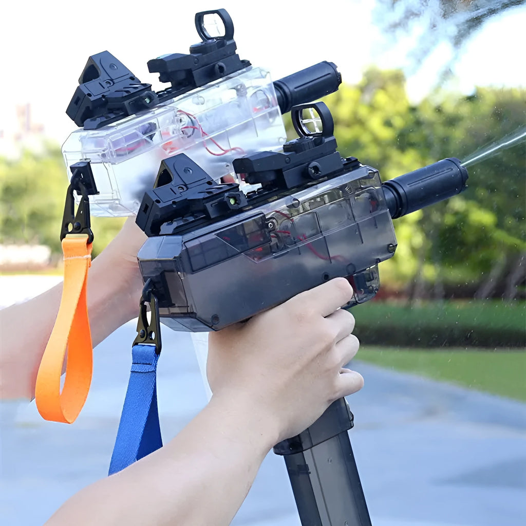 Uzi electric burst water gun toy with transparent design showing internal components