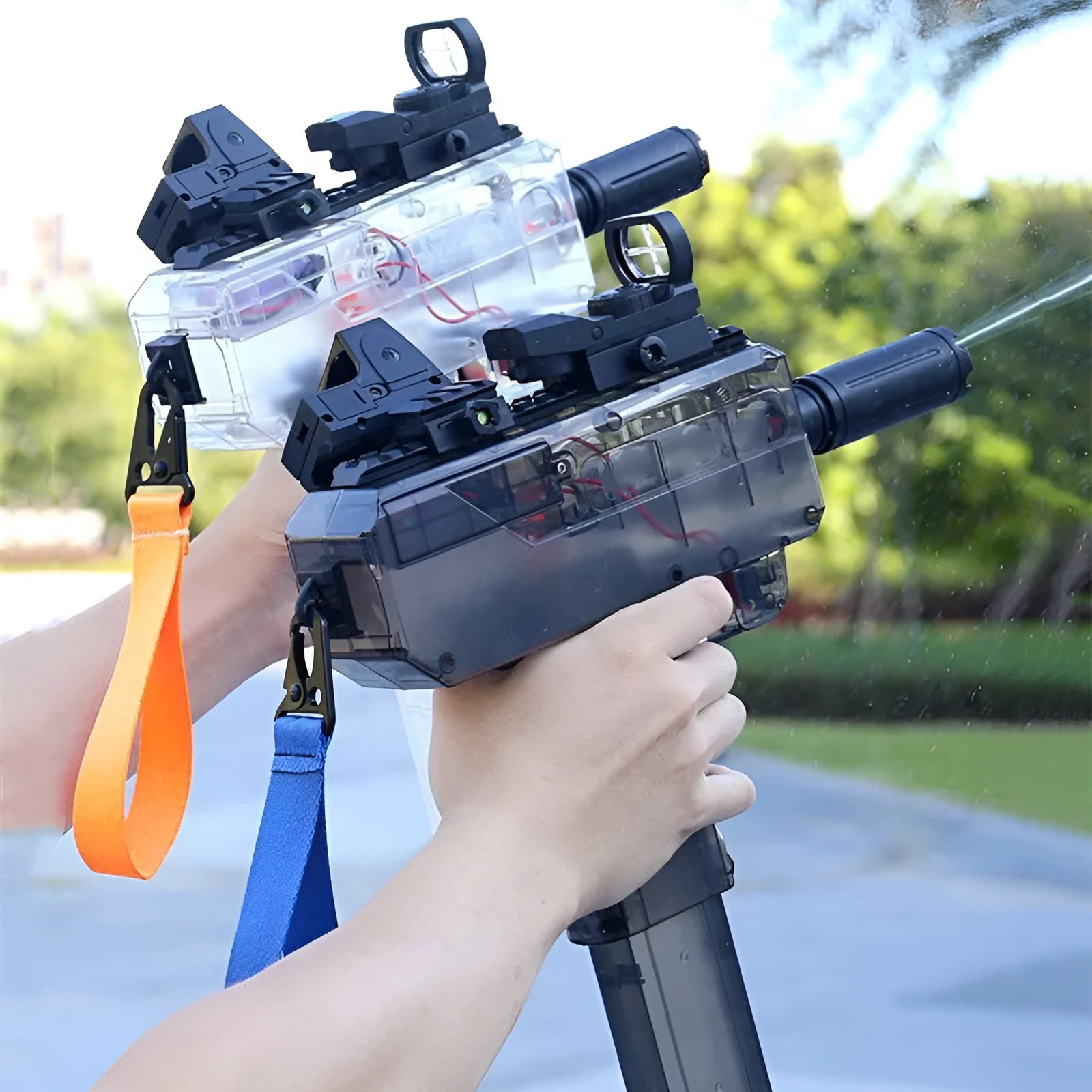 Uzi electric burst water gun toy with transparent design showing internal components