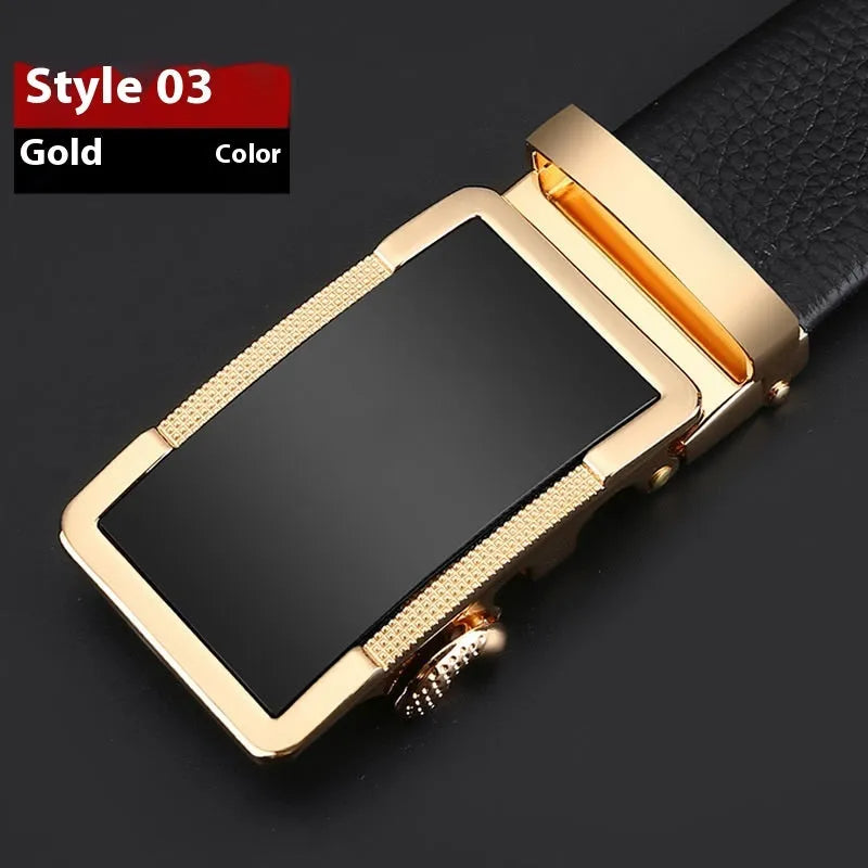 Men's leather belt with automatic buckle in gun black, silver or gold colours showing length sizing options