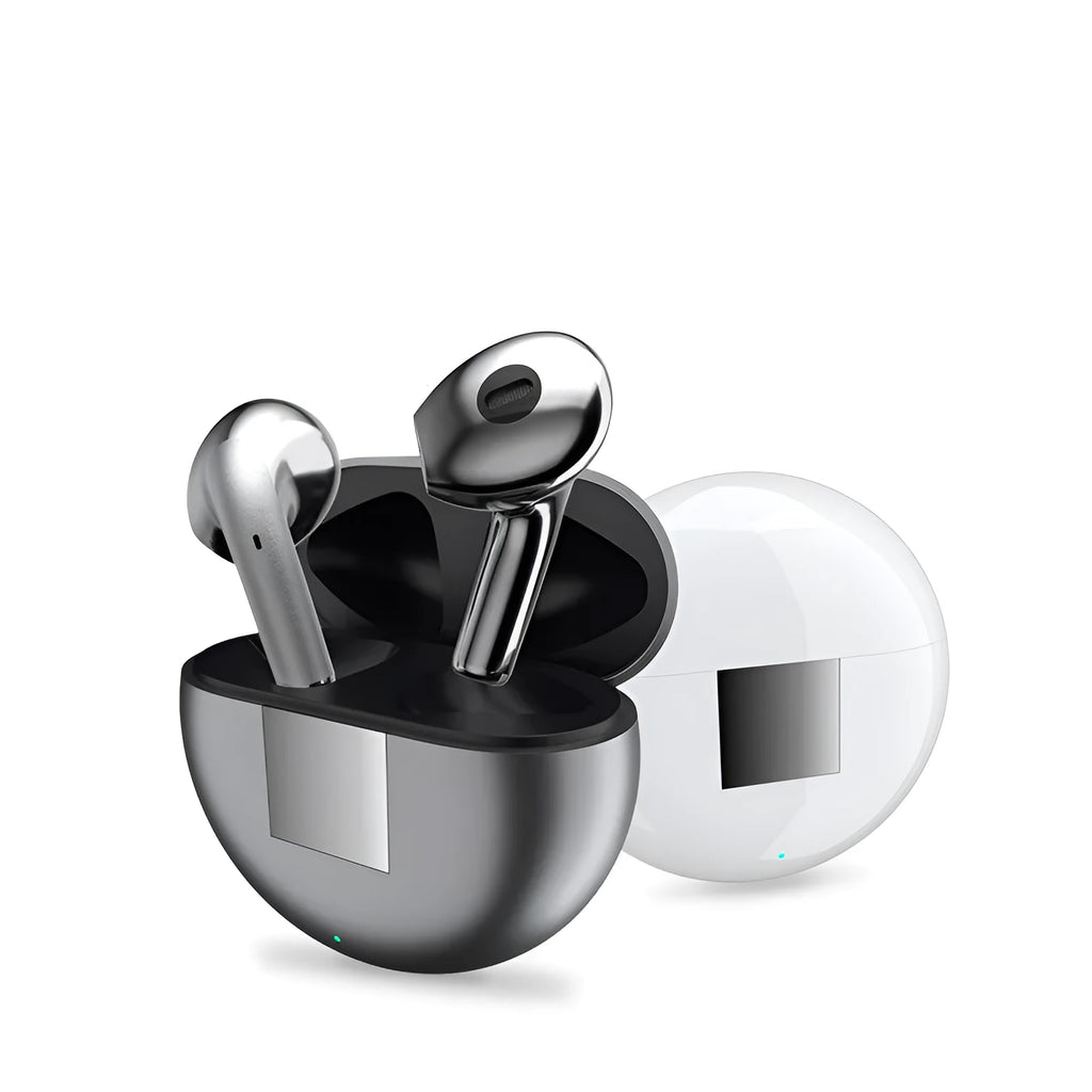 White Wireless Budz5 J6 semi-in-ear Bluetooth earbuds and charging case on a table.