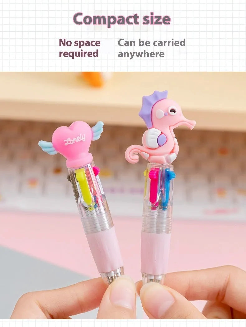 Four-colour press ballpoint pen with random cartoon design and silicone grip.