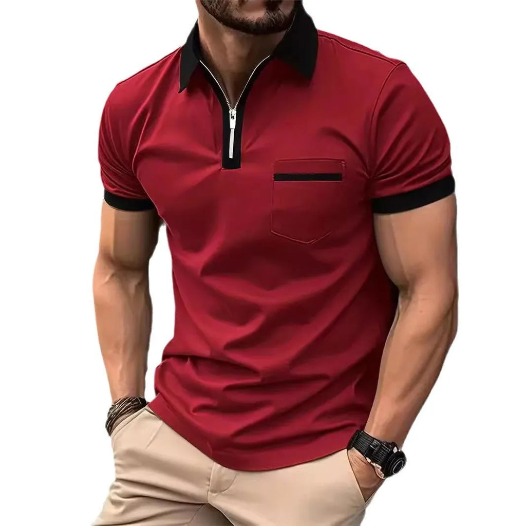Men's casual short sleeve shirt with chest pocket and zipper decorations in a loose fit.
