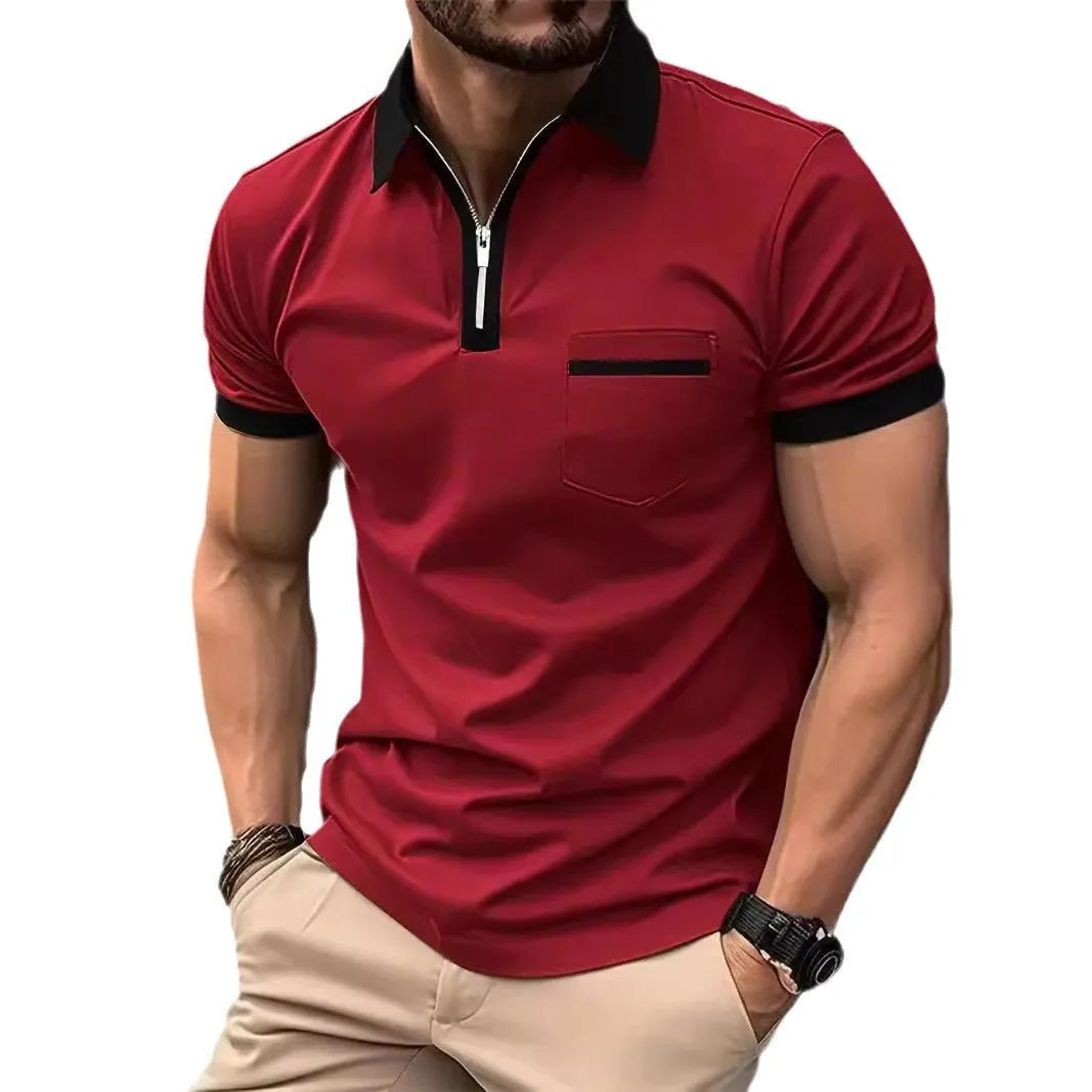 Men's casual short sleeve shirt with chest pocket and zipper decorations in a loose fit.
