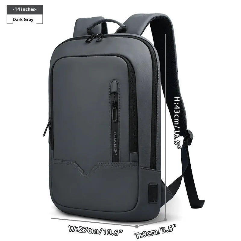 Men's lightweight polyester laptop backpack with USB port in black, shown in 14-inch size.