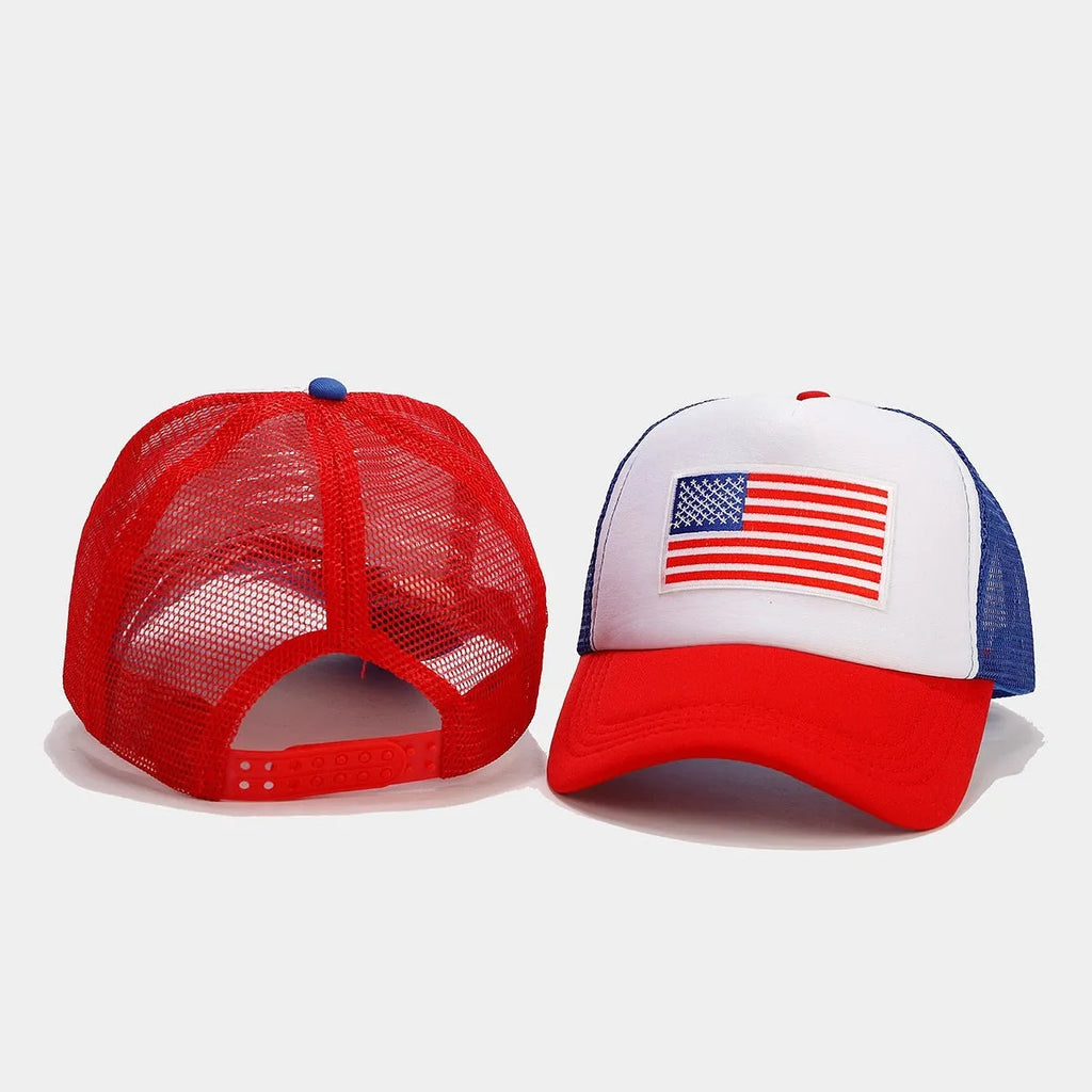 Red and blue contrasting mesh baseball cap with adjustable strap and dome crown