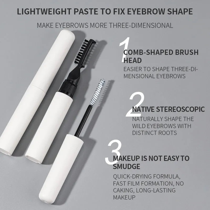 Eyebrow glue with brush applicator for shaping natural eyebrows, available in pink and white transparent formulas