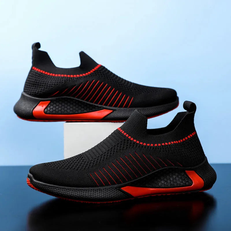 Men's striped mesh sock shoes with flyknit upper and lace-up front in multiple colour options