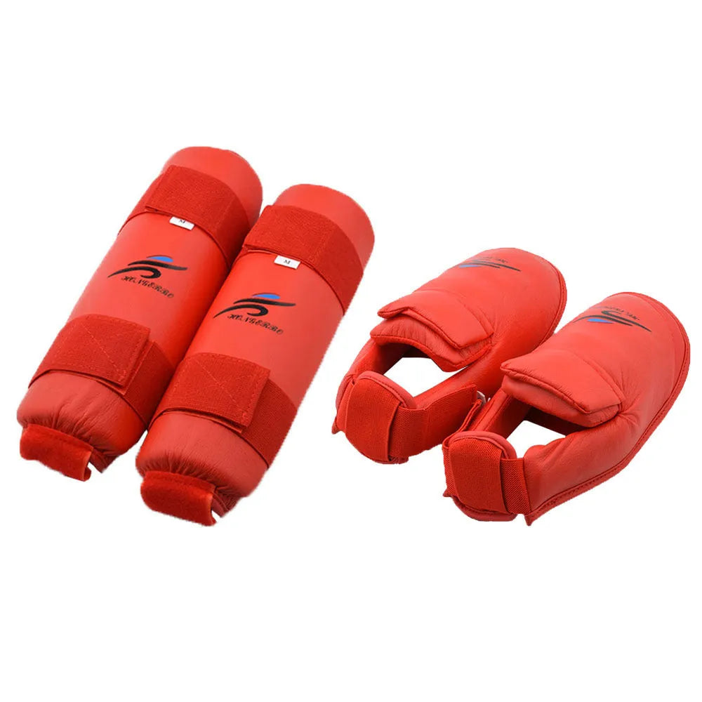 Blue martial arts protective gear set showing leg guards, helmet, and boxing gloves for karate taekwondo