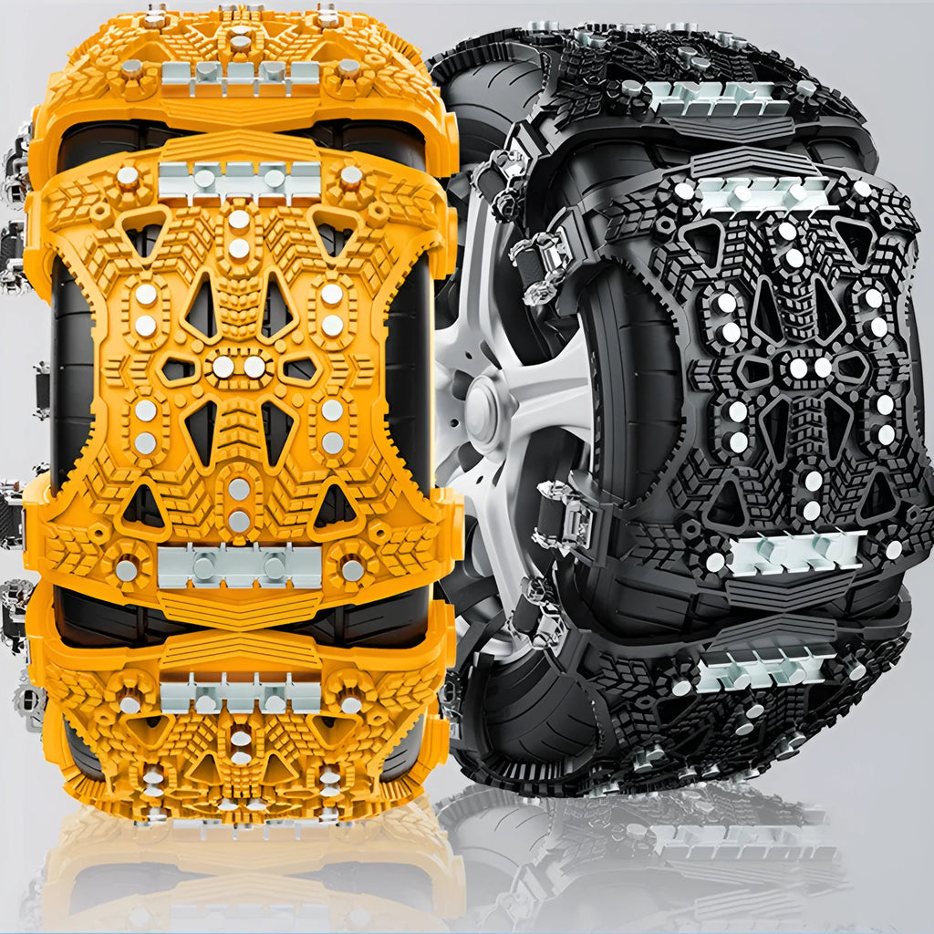 Universal tyre chain set with steel plates for cars and SUVs including tools and gloves
