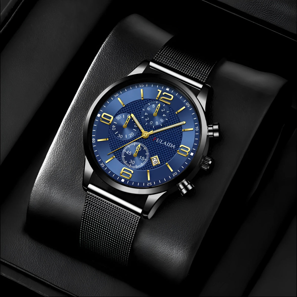 Men's quartz watch with 40mm circular dial, alloy strap, titanium metal buckle, and pointer display.