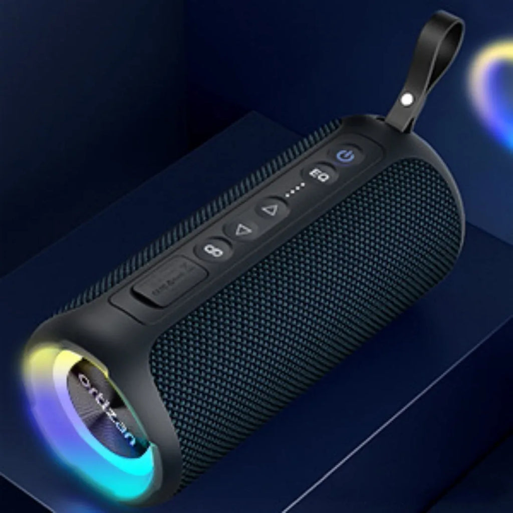 Black and blue fabric-covered 40W wireless Bluetooth speaker with luminous lighting effect.