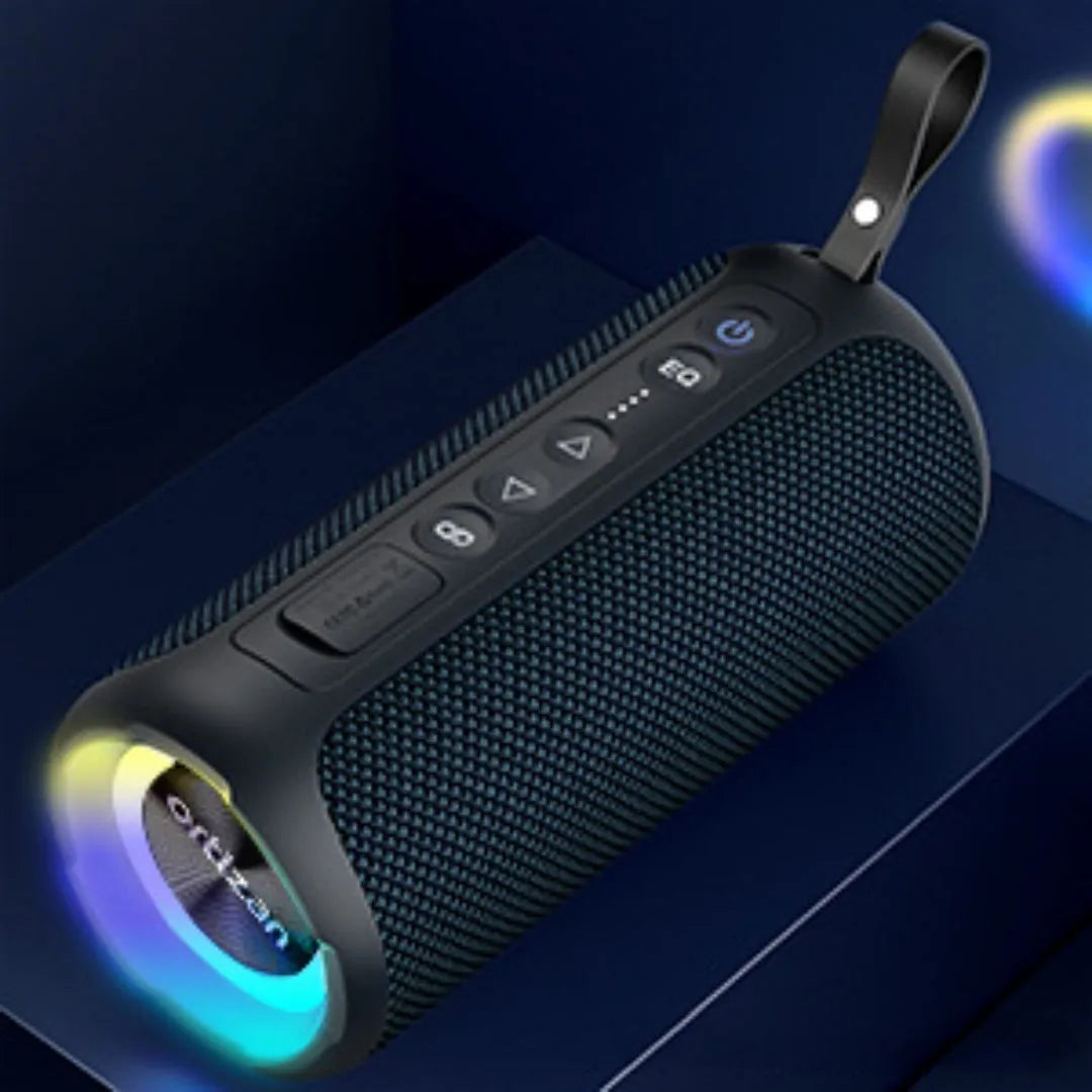 Black and blue fabric-covered 40W wireless Bluetooth speaker with luminous lighting effect.