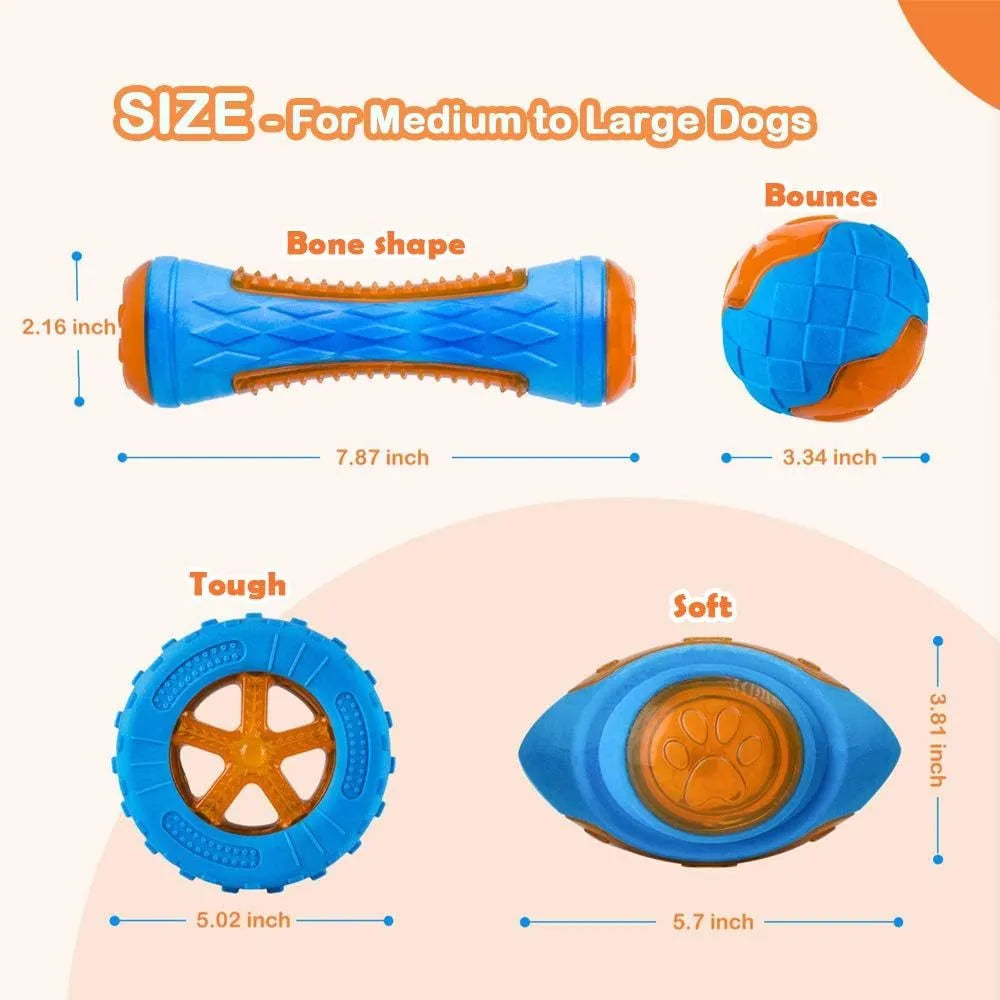 Set of three TPR dog toys: a squeaky ball, barbell, and floating tyre for pool fetch play