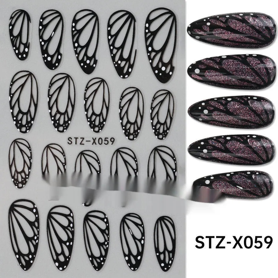 Cartoon-themed nail art sticker sheet with black and silver strip patterns and love motifs