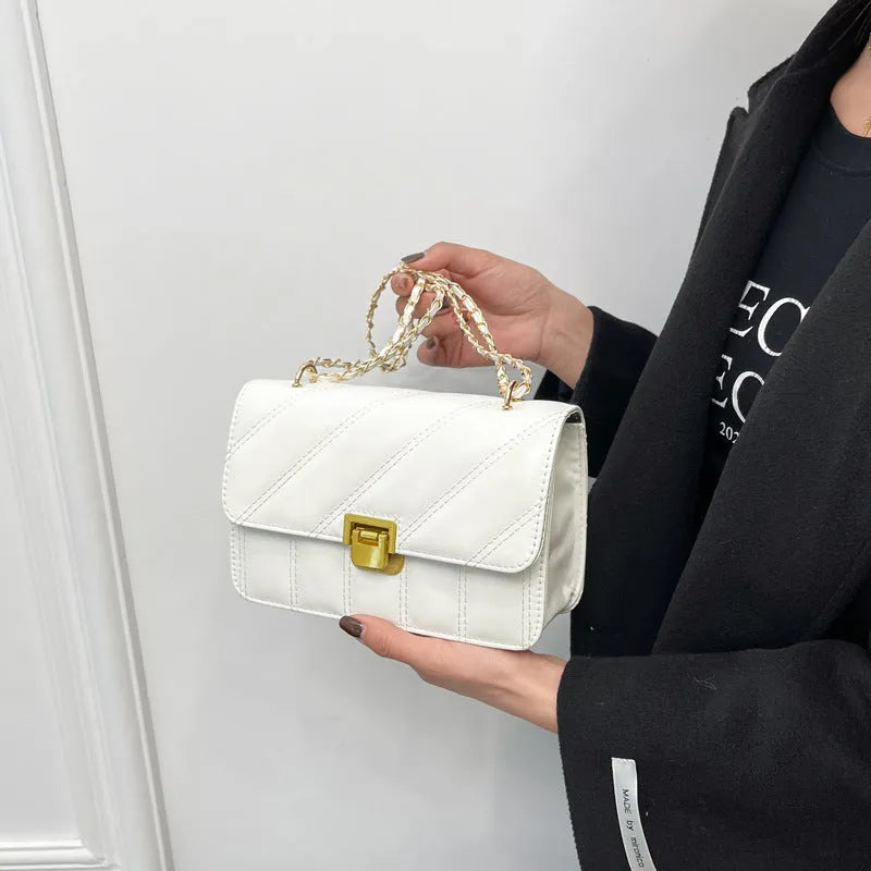 Small square PU shoulder bag with chain detail, single strap, soft horizontal crossbody in white black coffee khaki