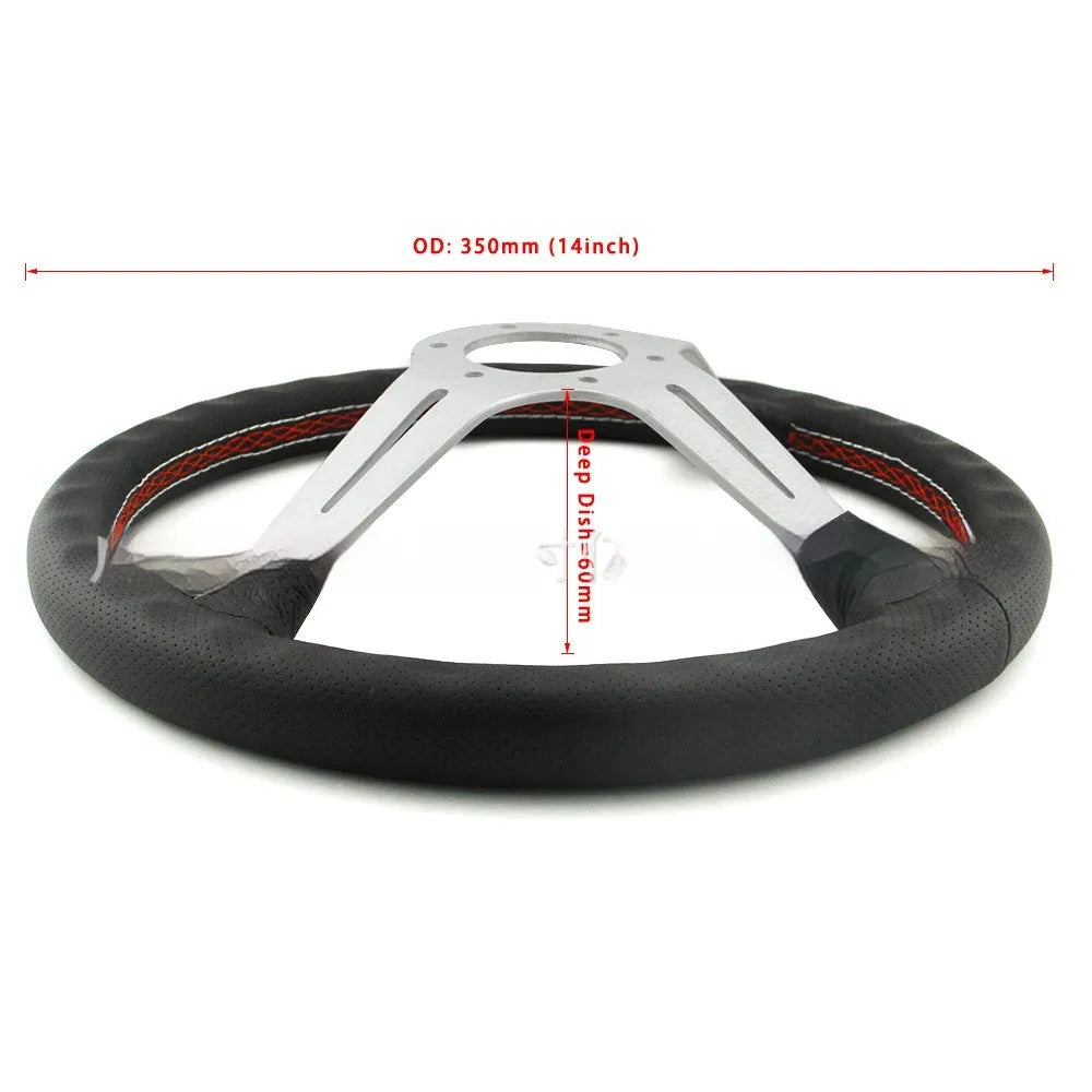 Black leather 14-inch steering wheel with deep concave dish and aluminium skeleton on a plain background.