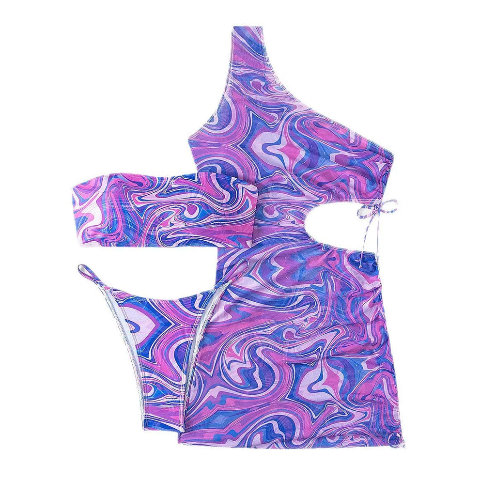 Gradient tie-dye lace bikini swimsuit for women, sleeveless polyester top and pants set with dress