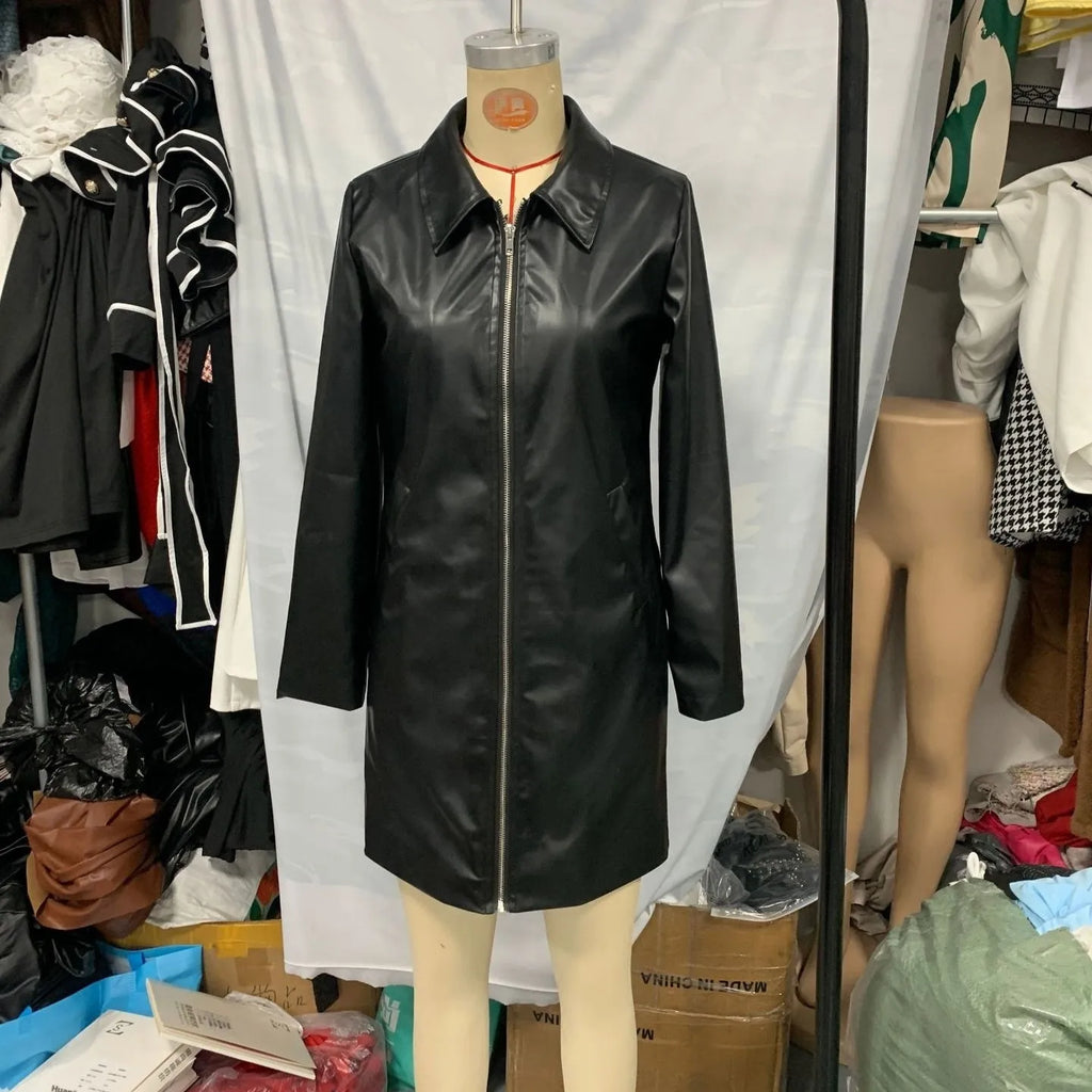 Women's black polyester leather jacket medium length 65cm shown on hanger