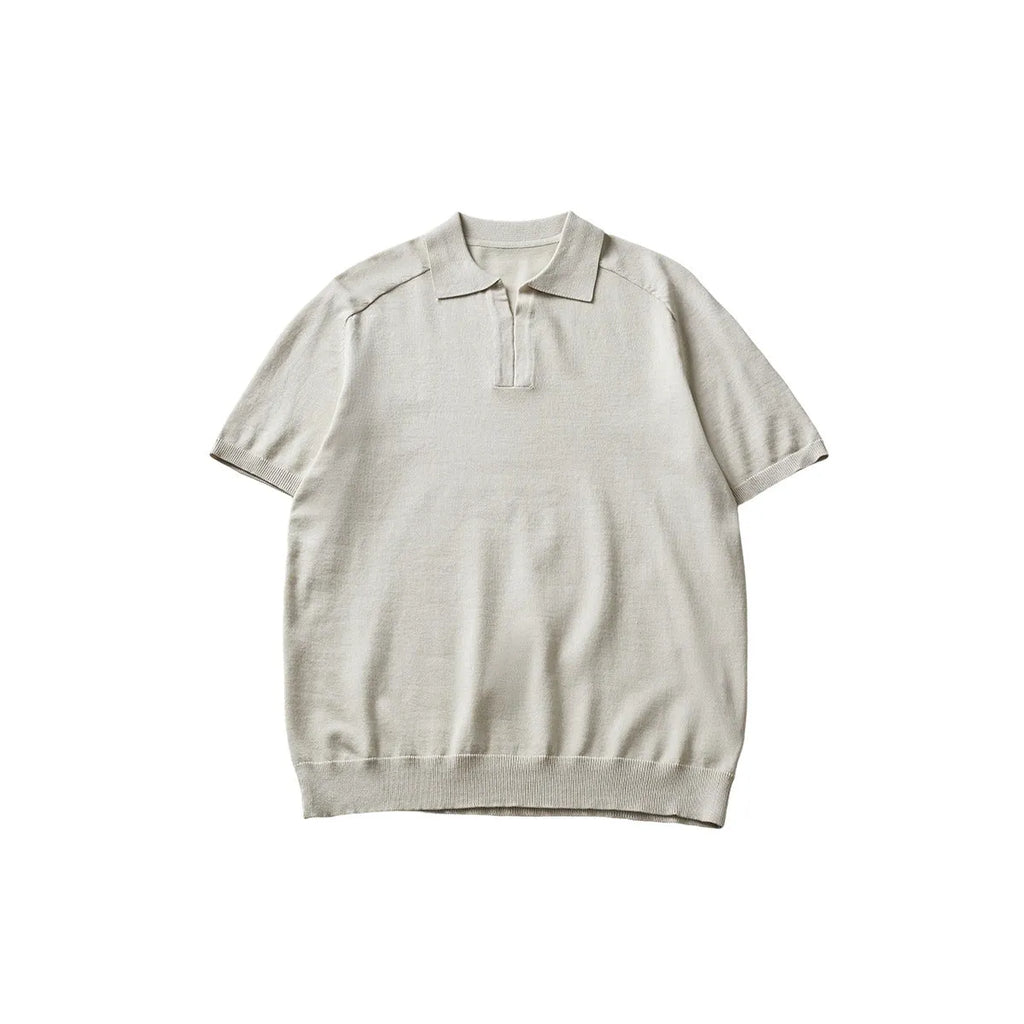 Men's knitted short sleeve summer top in solid apricot, black, or dark grey, polyester blend, crew or round neck